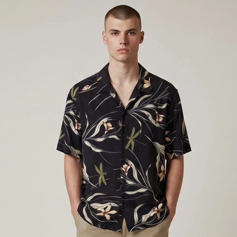 Rag & Bone Avery Dragonfly Print Vacation Camp Shirt Black Men's Size Medium